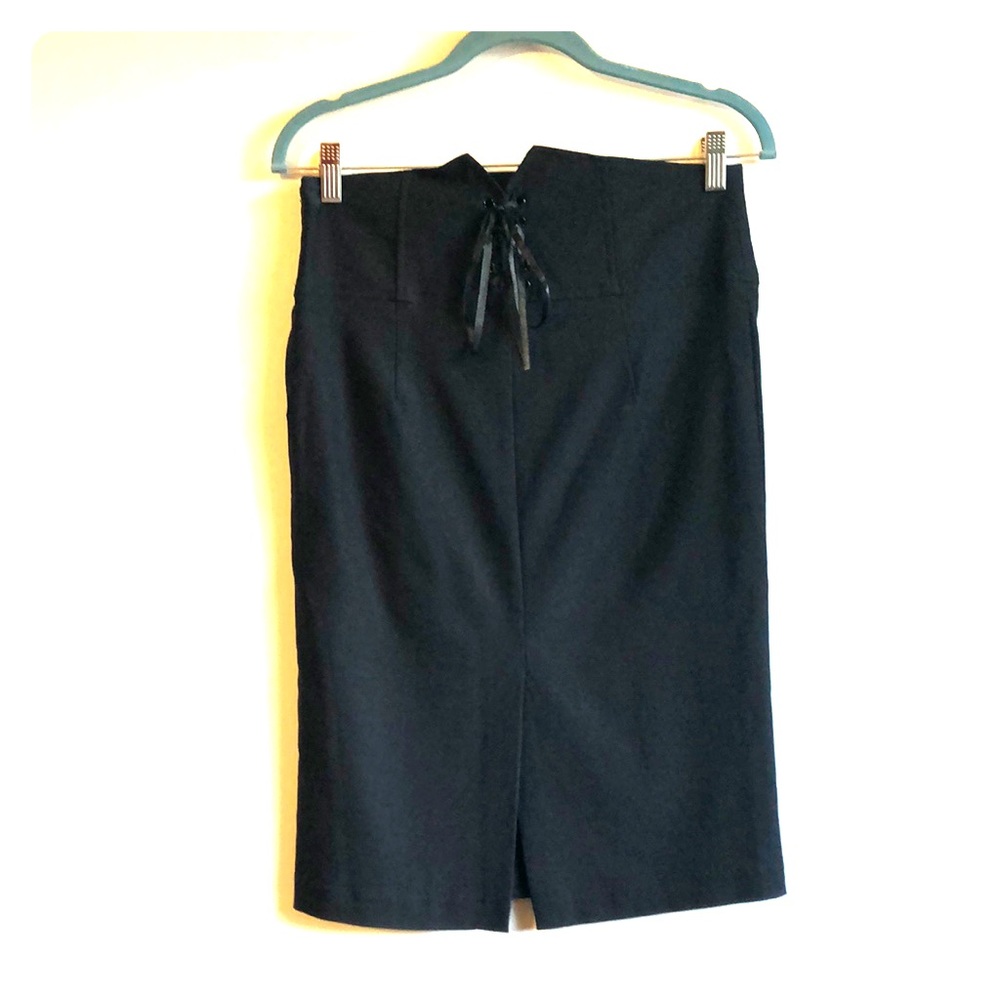 Black stretch pencil skirt high waist, ribbon tie